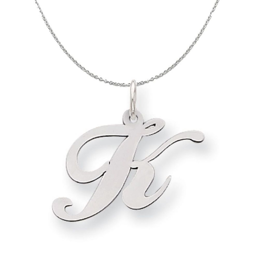 Silver, Ella Collection Medium Fancy Script Initial K Necklace - 18 In